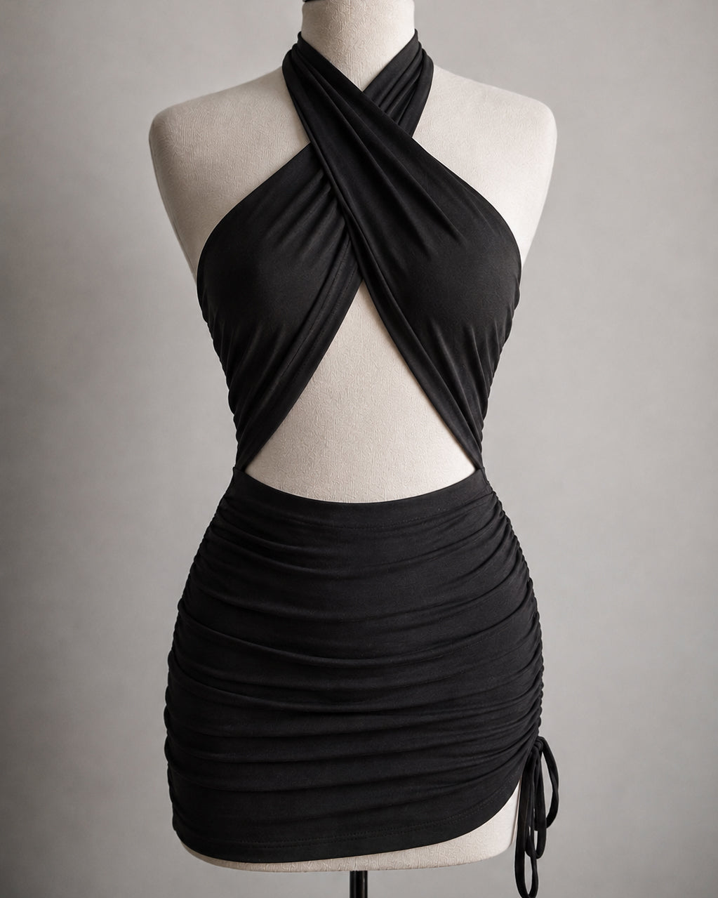 GREEK GODDESS WRAP-OVER BLACK HALTERNECK DRESS