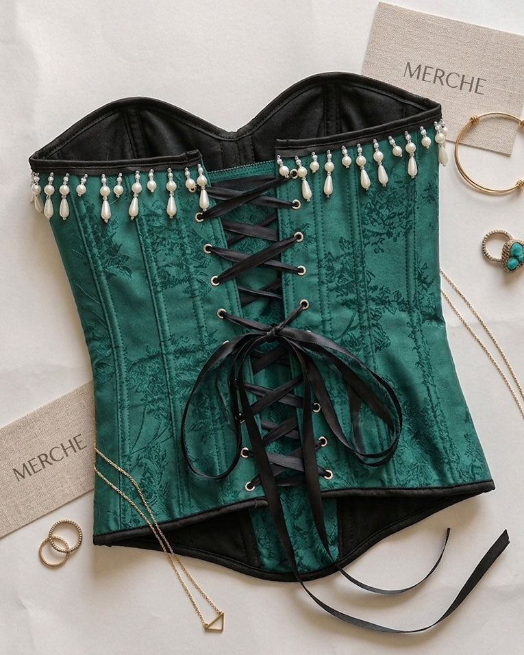 CALL HER ROYALTY PEARL DETAIL LUXE EMERALD CORSET