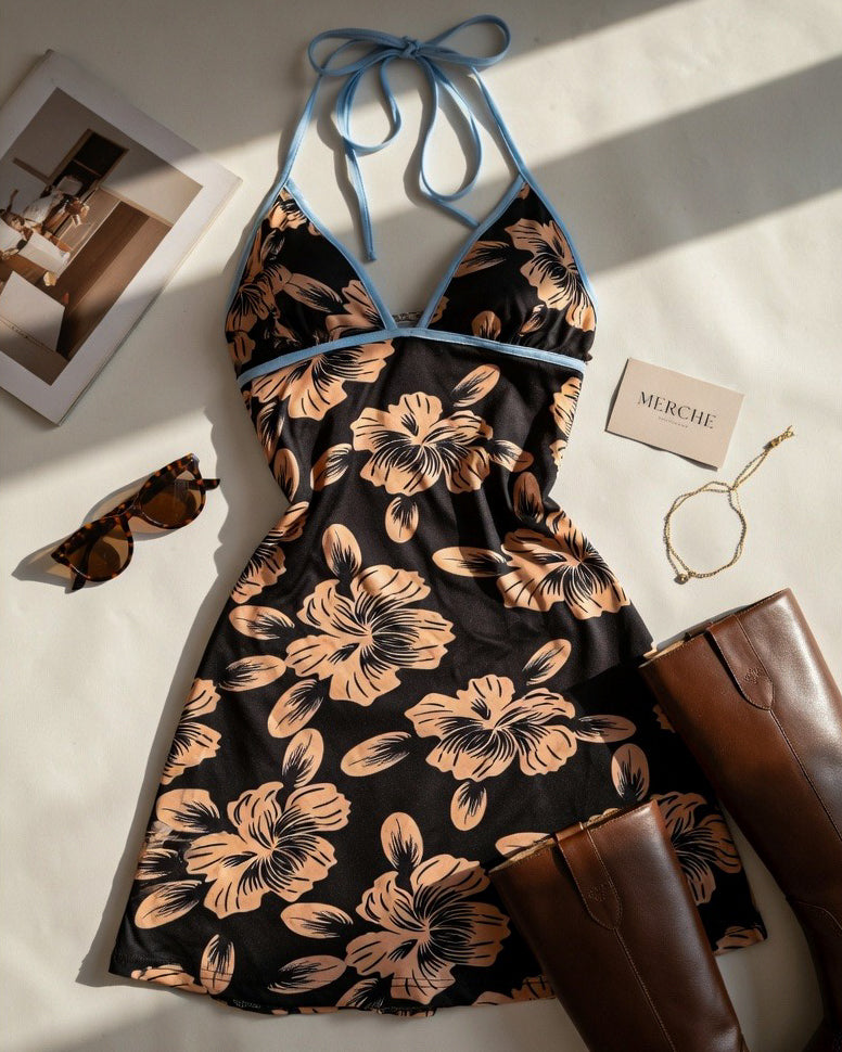 COMMAND THE SUN FLORAL PRINTED HALTERNECK DRESS