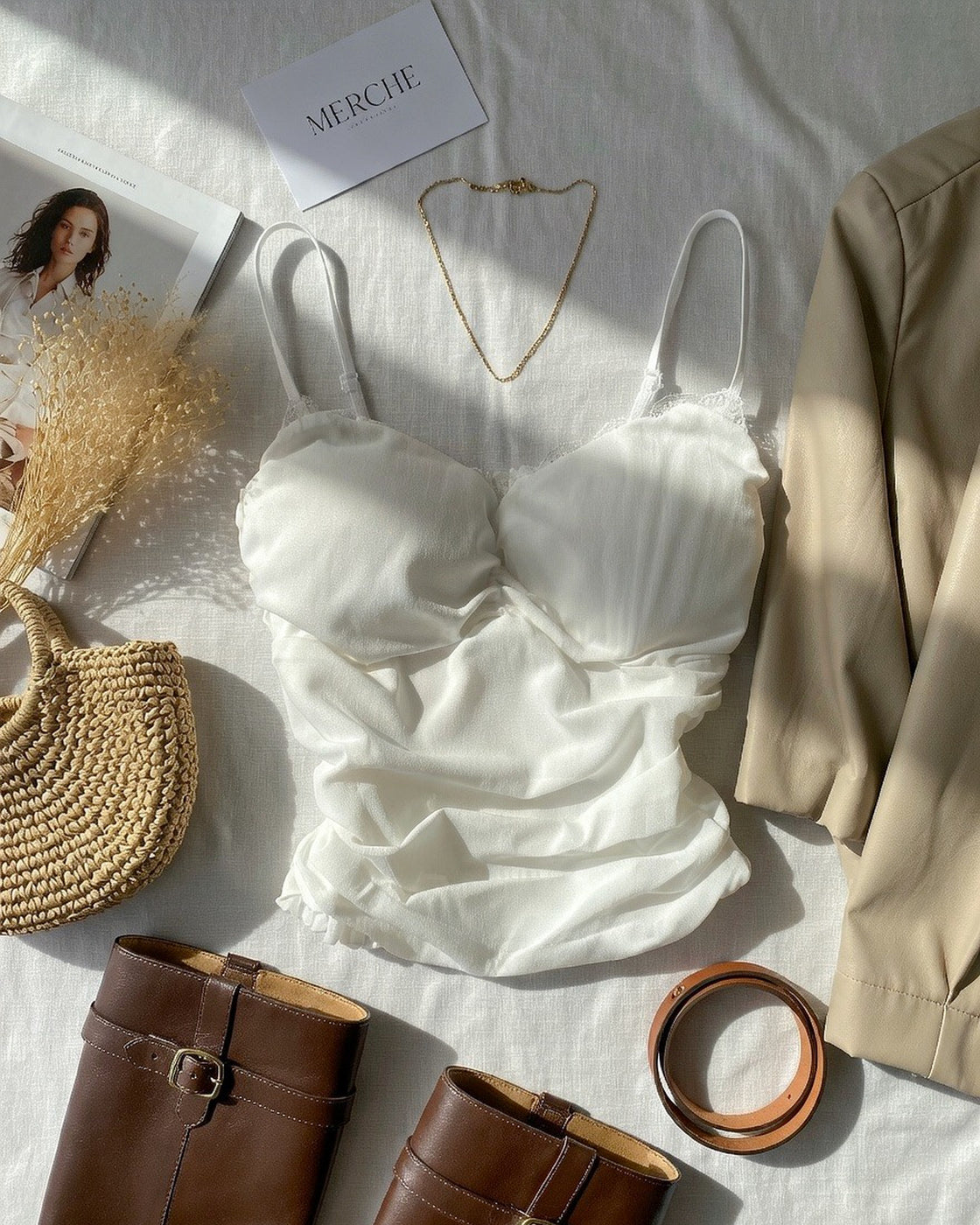 MOVIE NIGHT PADDED MESH DETAIL WHITE CAMI TOP