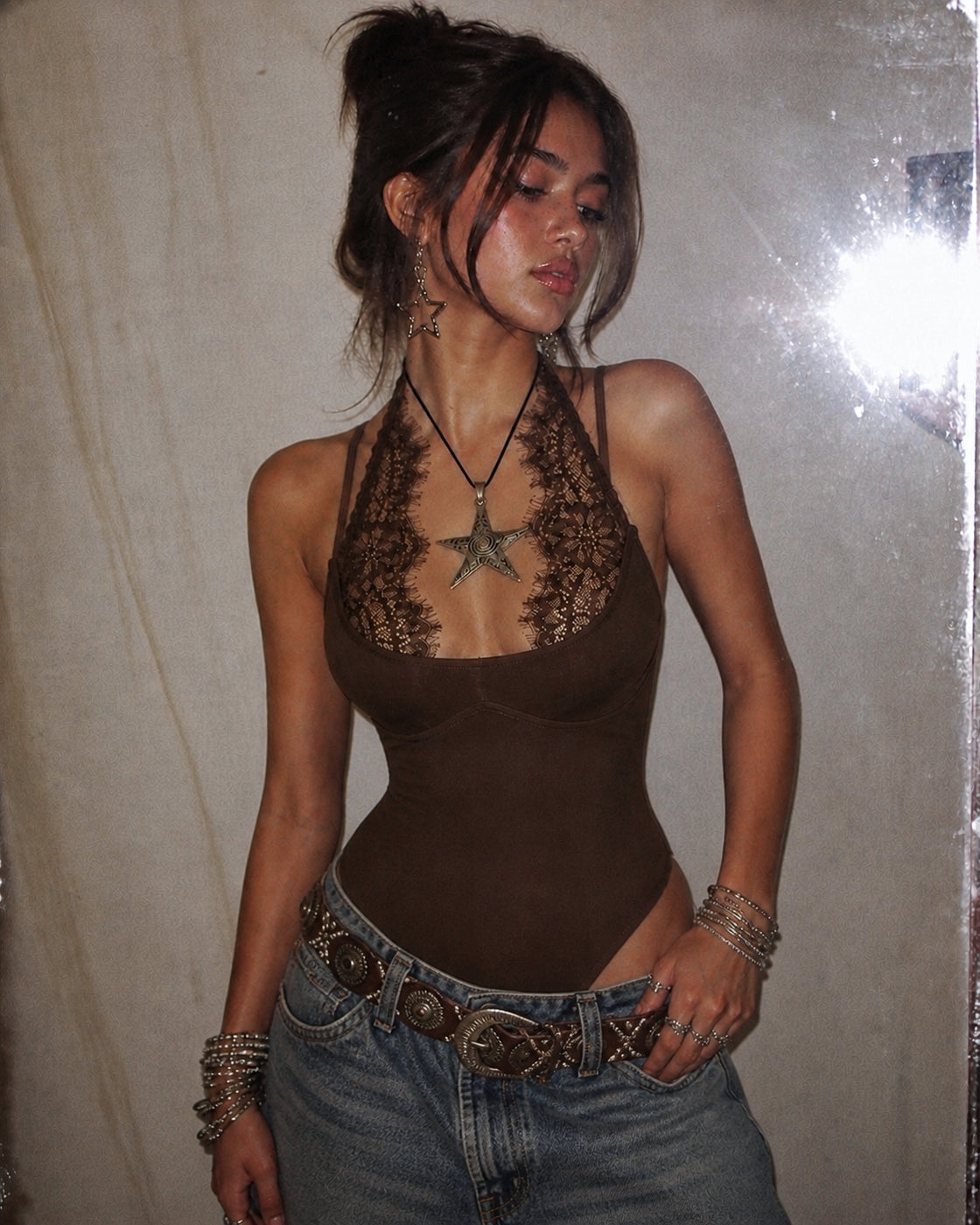 TALK OF THE FEED LACEY LUXE COCAO BODYSUIT