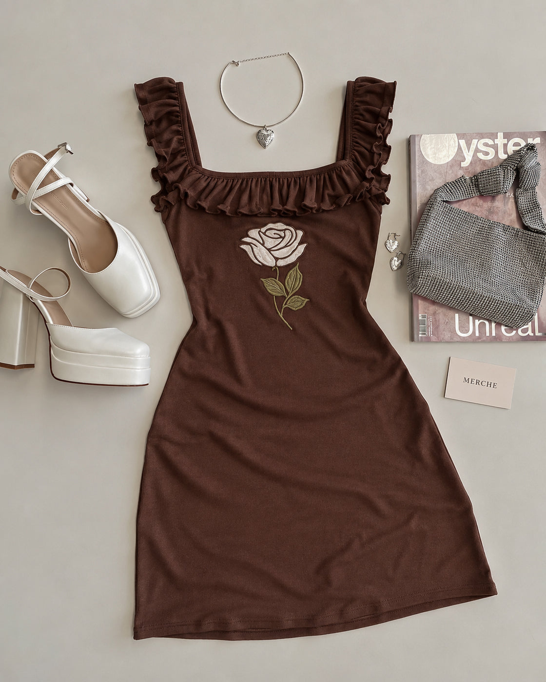 LITTLE BOMBSHELL EMBROIDERED BROWN MINI DRESS
