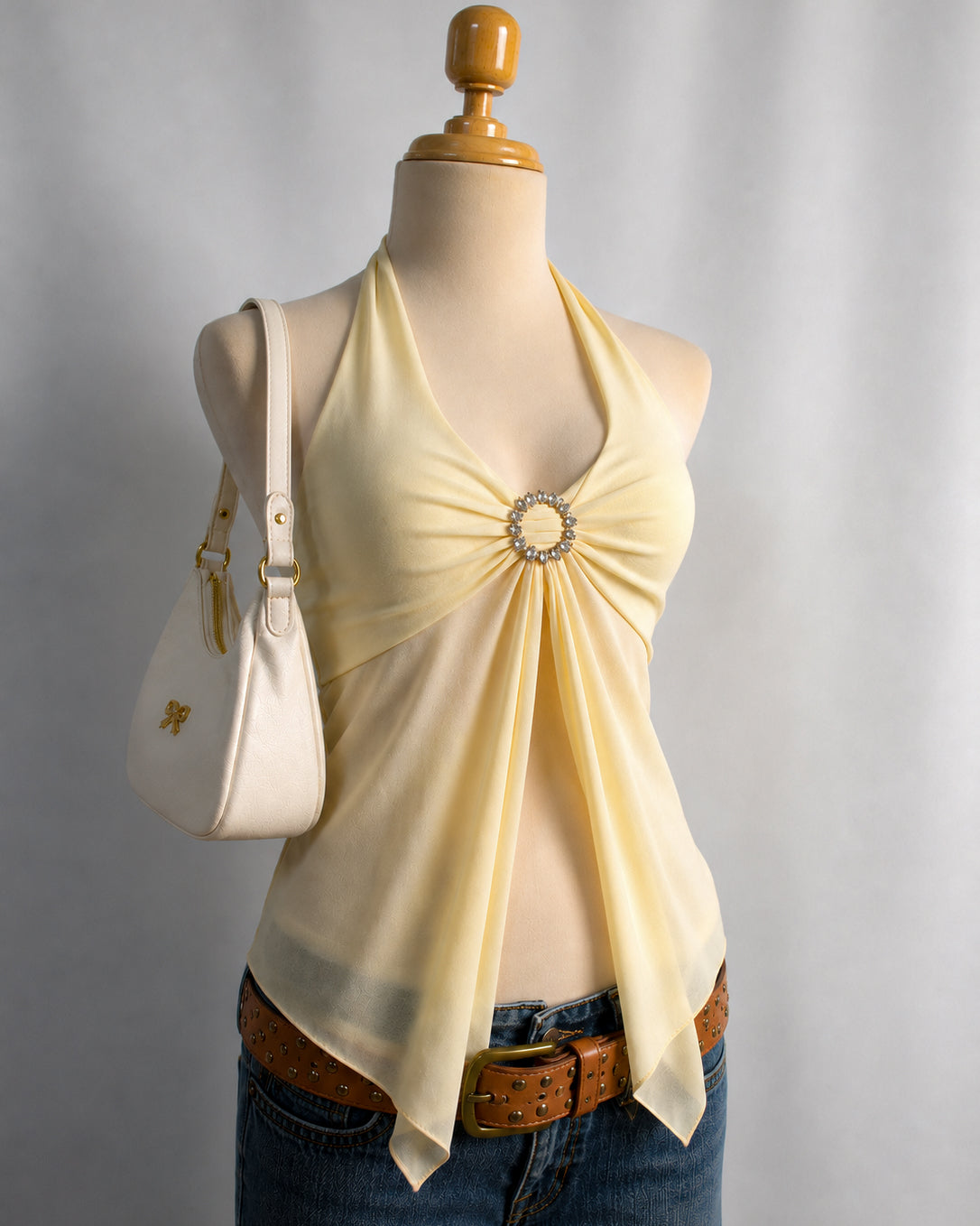 FIRST DATE DIAMOND BROOCH MESH DETAIL BUTTER YELLOW HANDKERCHIEF TOP