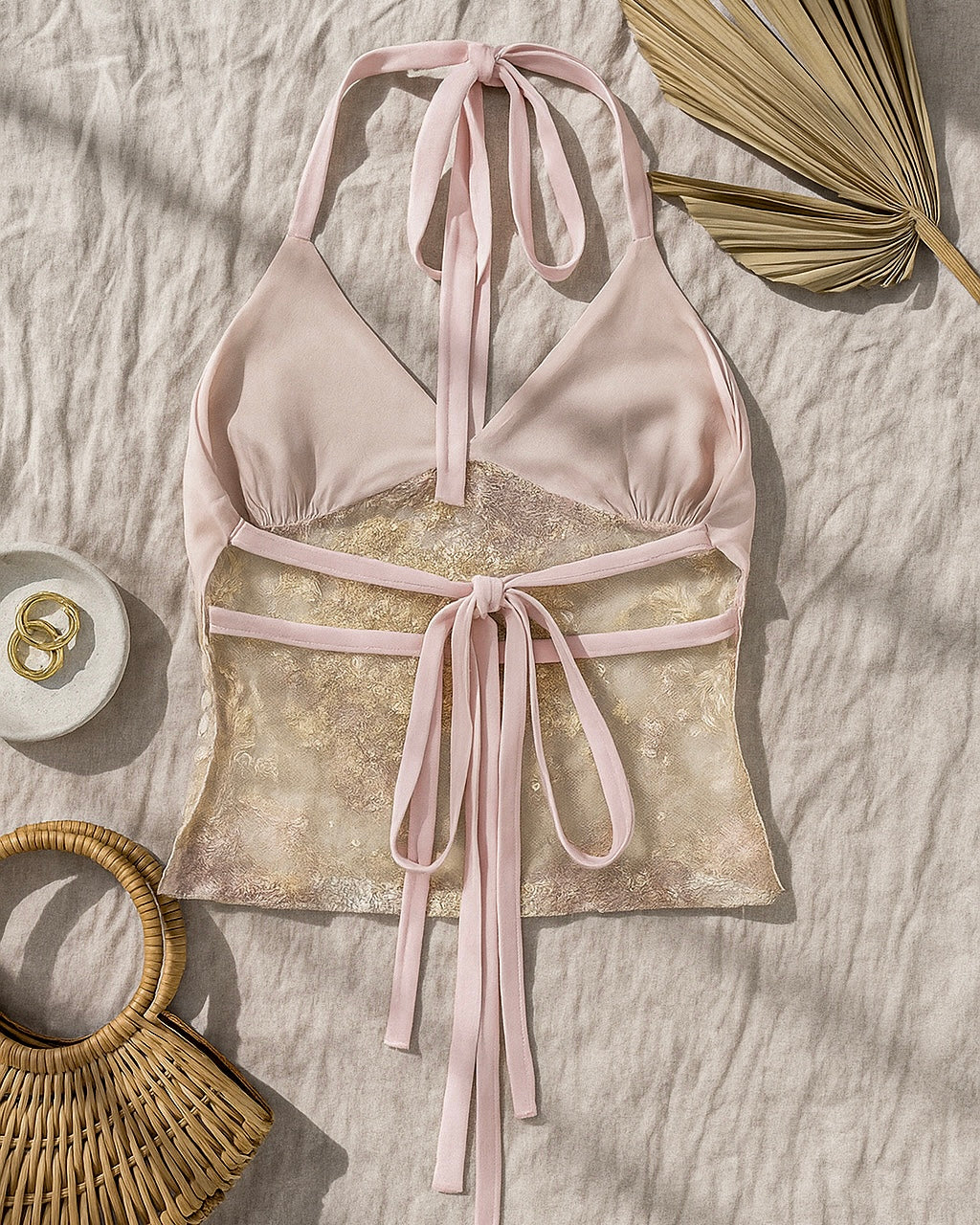 HIGH SCHOOL DRAMA EMBROIDERED HALTERNECK TOP