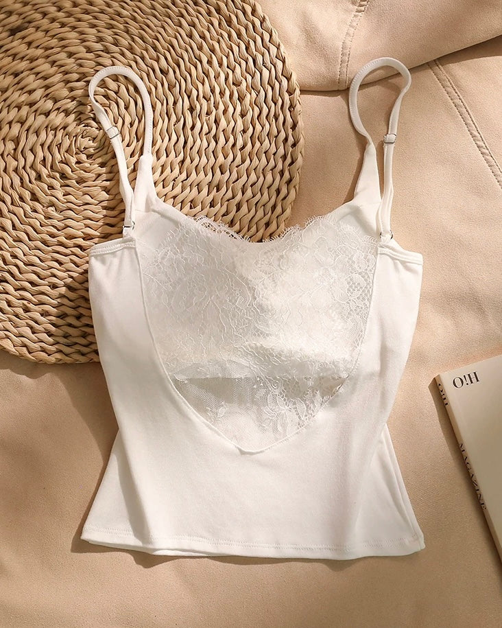ROUTE TO YOU PADDED LACE-BACK WHITE CAMI TOP