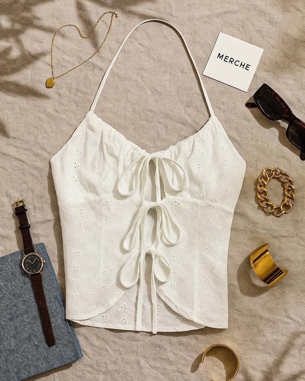 DAYLIGHT RETREAT WHITE EYELET HALTERNECK TOP