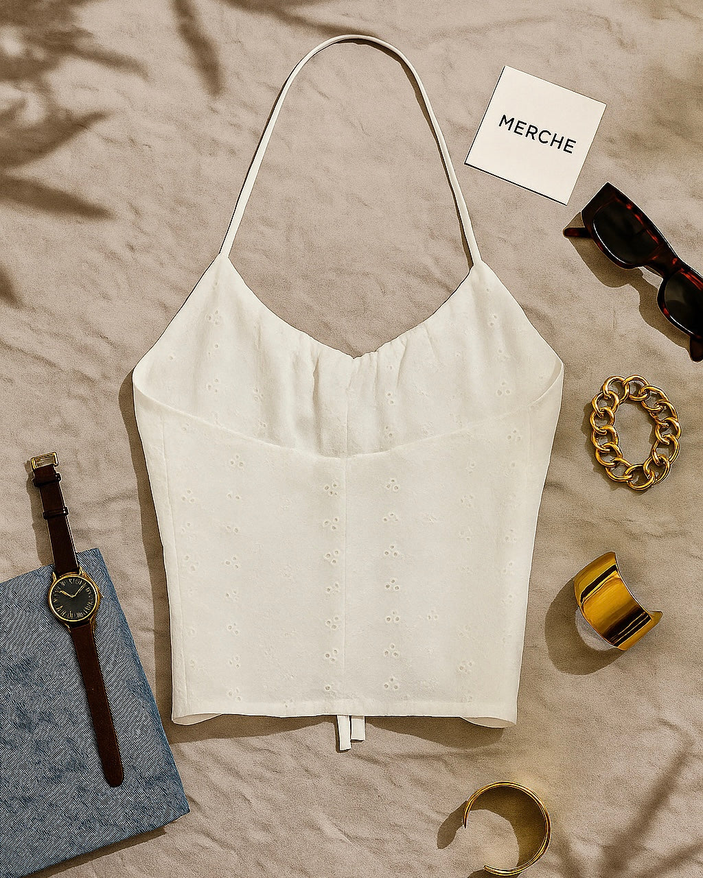 DAYLIGHT RETREAT WHITE EYELET HALTERNECK TOP