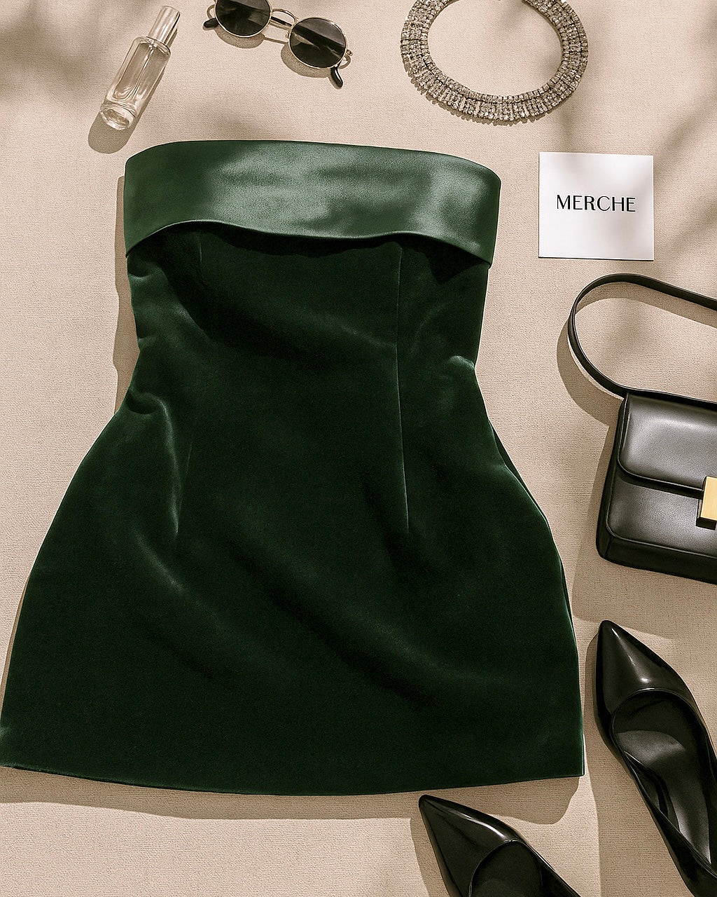 LOVE AFFAIR GREEN VELOUR BANDEAU DRESS
