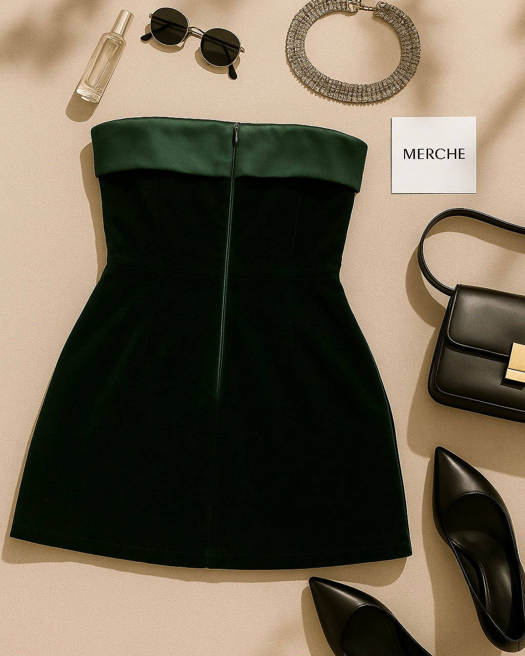 LOVE AFFAIR GREEN VELOUR BANDEAU DRESS