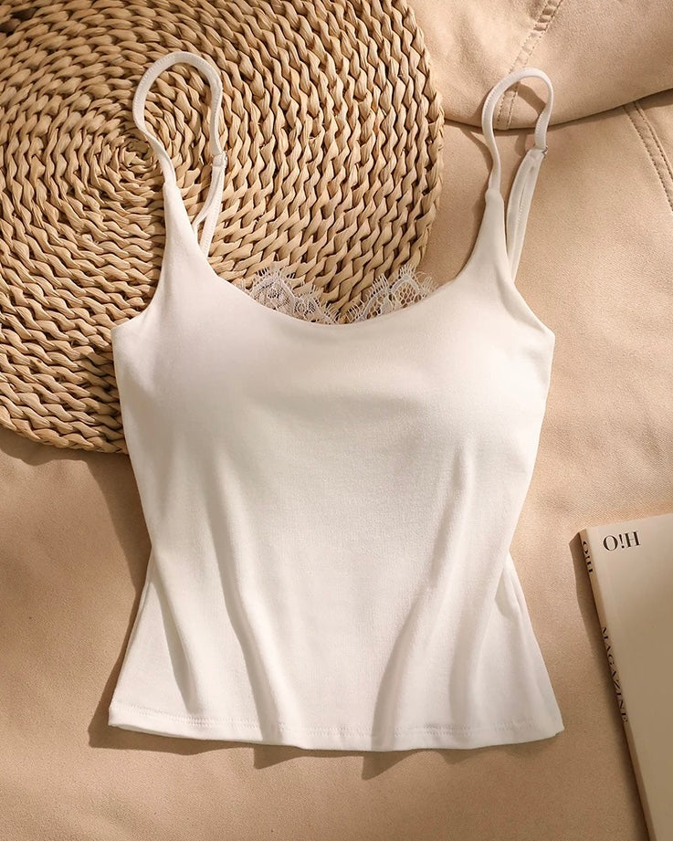 ROUTE TO YOU PADDED LACE-BACK WHITE CAMI TOP