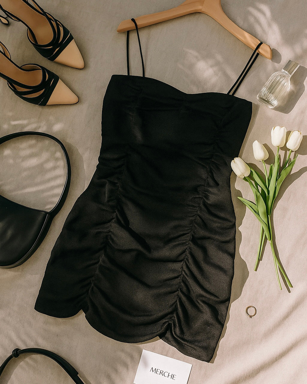 SACRED TIME BLACK RUCHED MINI DRESS