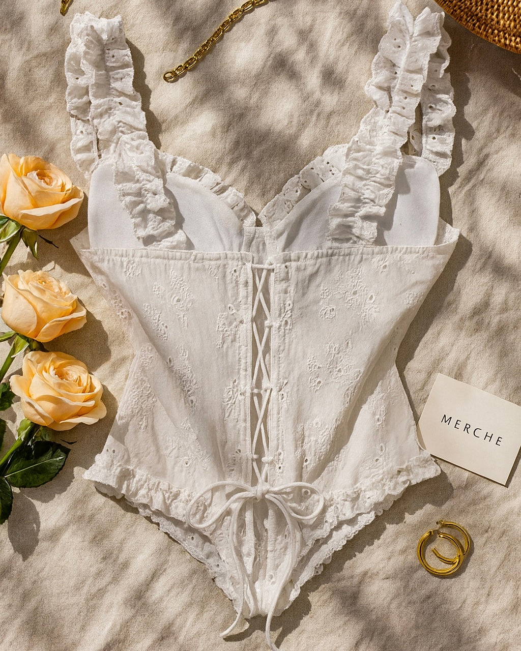 SAND PARTY PADDED BONING EYELET LUXE CORSETRY TOP