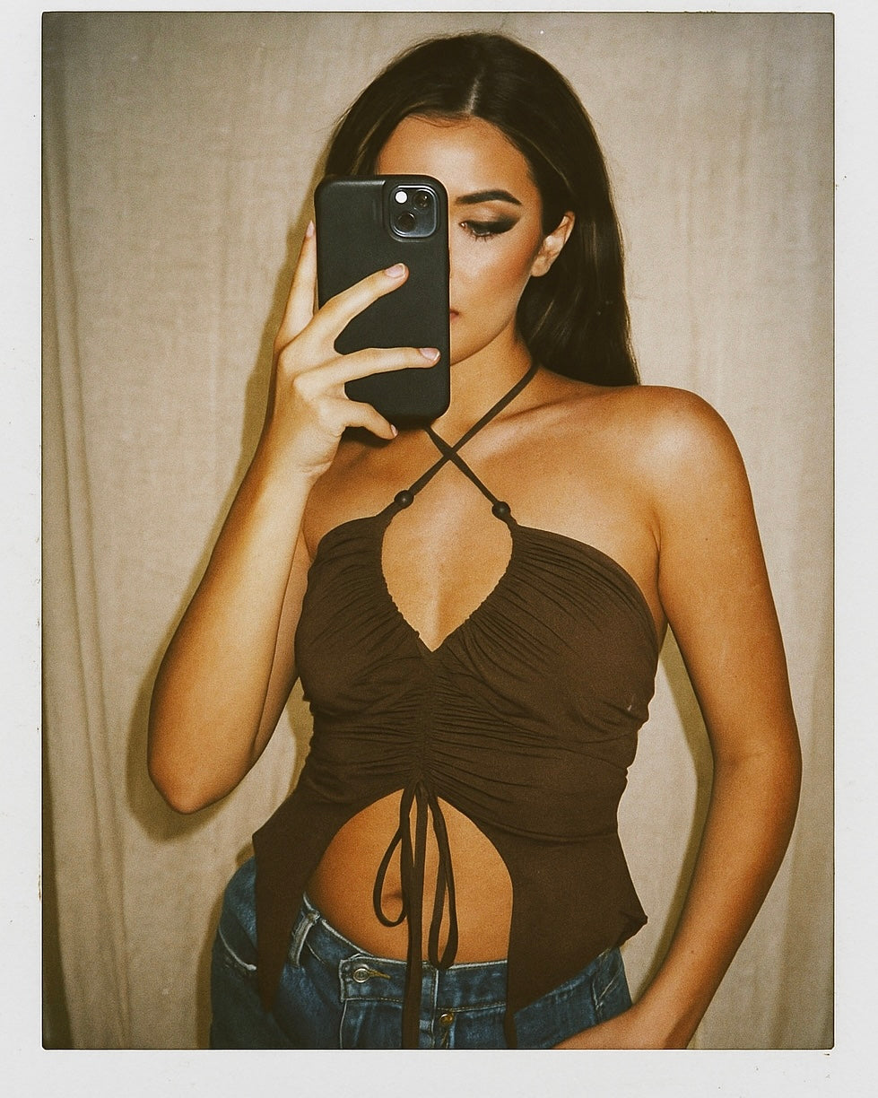 MYSTIC HOUR COCOA BROWN TIE-UP HALTERNECK TOP