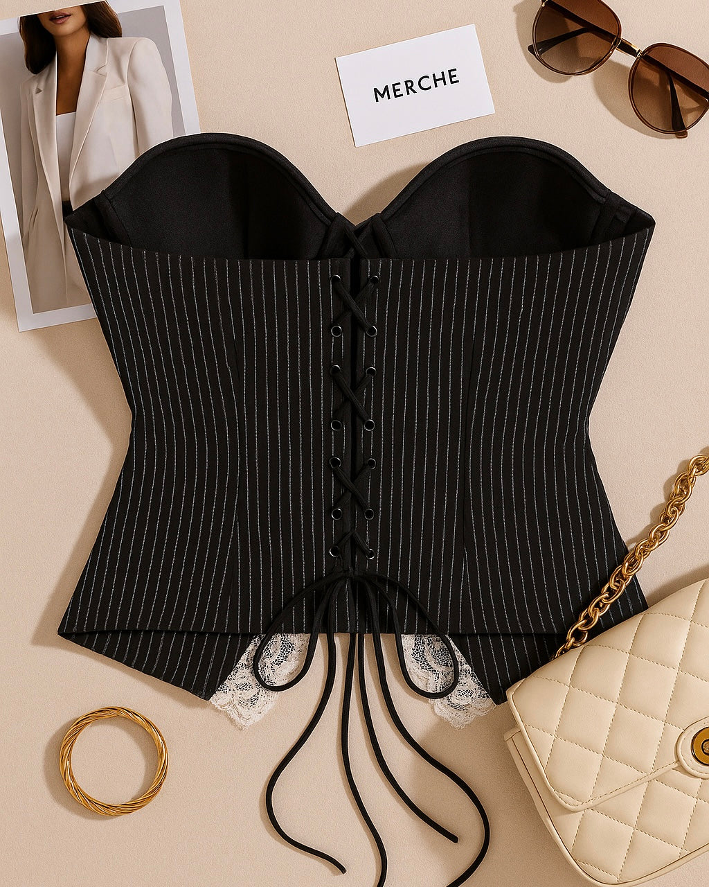 PLOT TWIST PINSTRIPE LACE CORSET