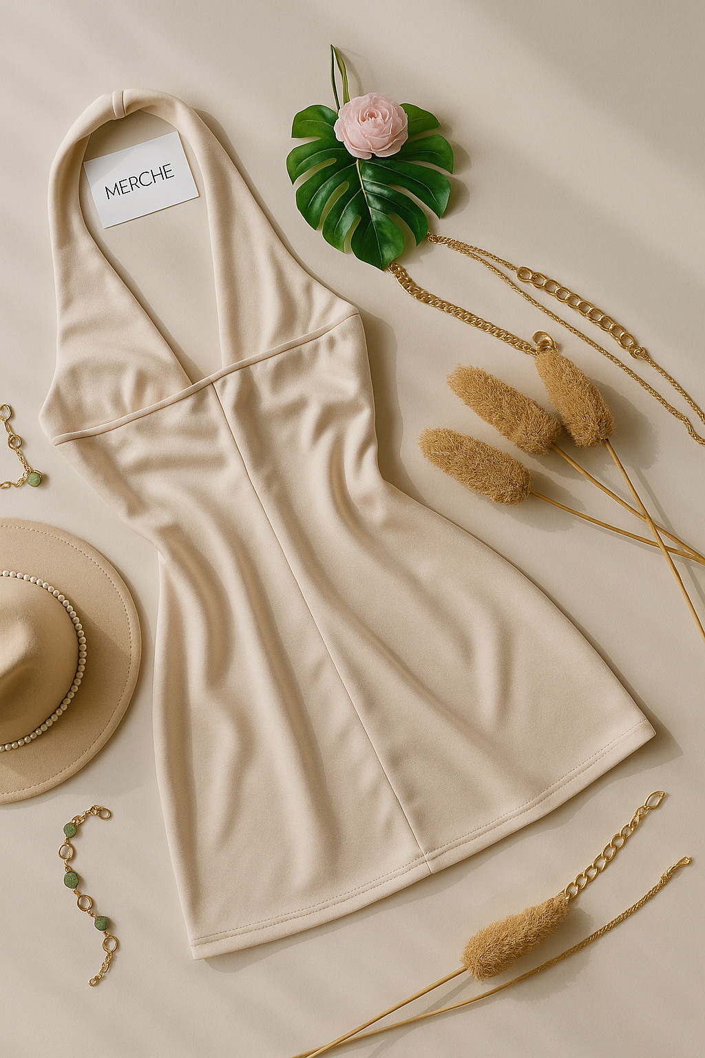 ATTRACTING FAME LUXE BEIGE HALTERNECK DRESS