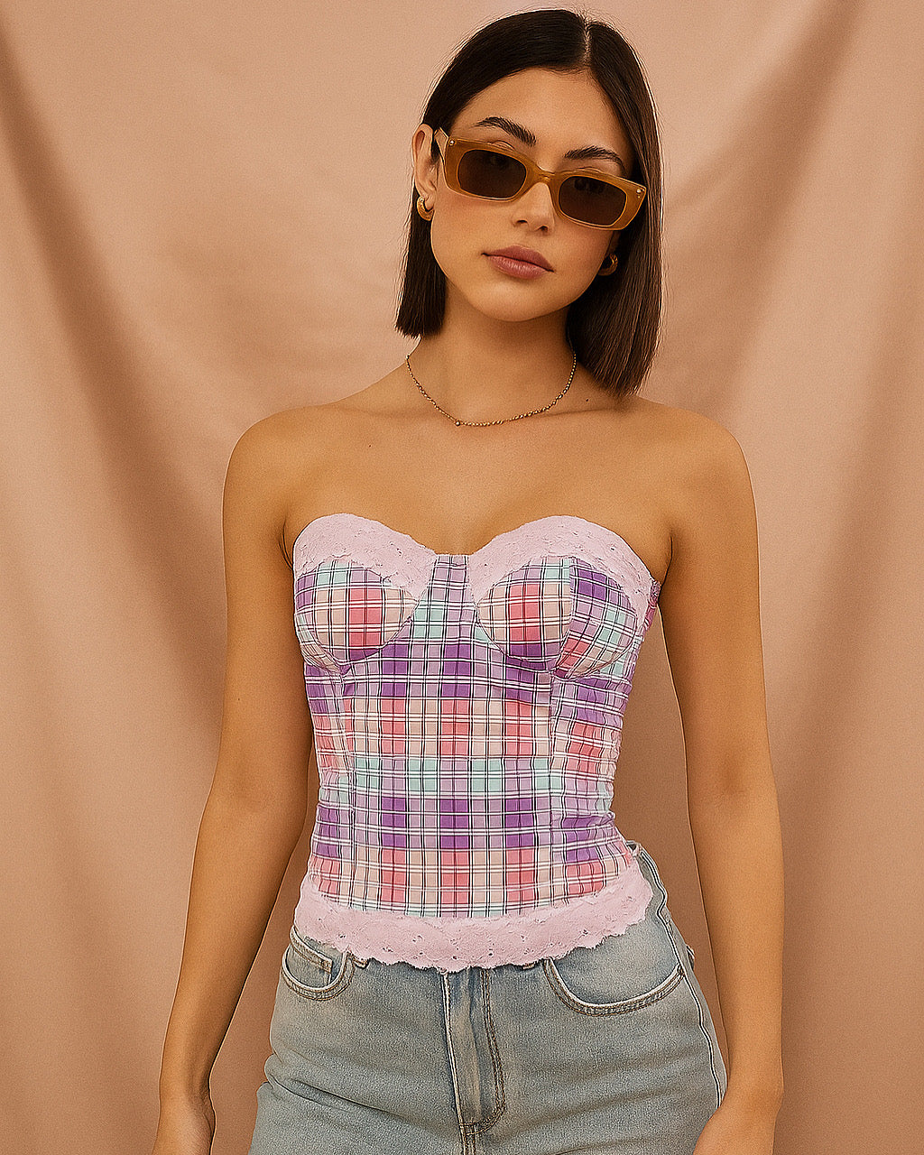 SWEET TALKER CHECKS BANDEAU TOP
