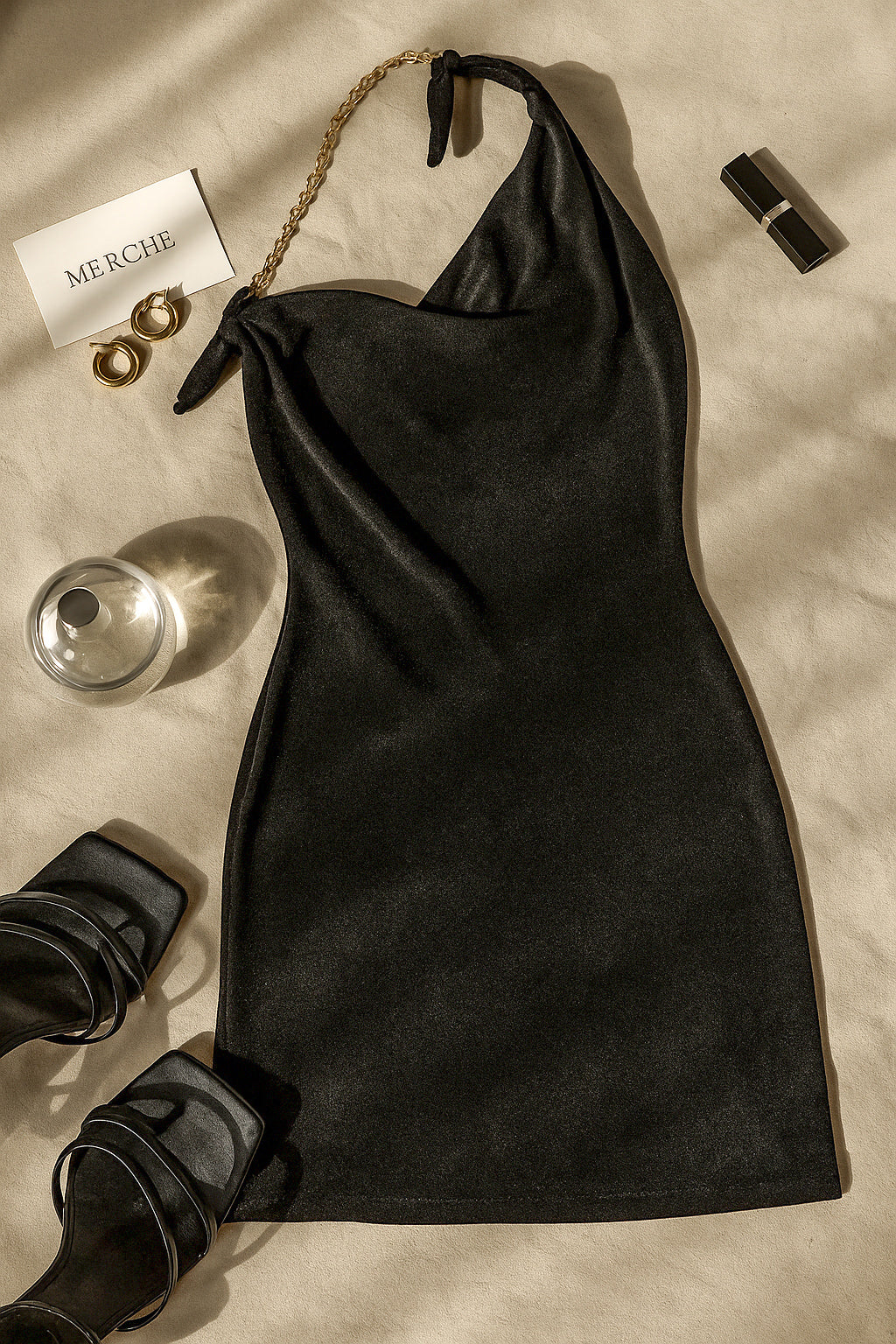 ROMAN LOVE BLACK CHAIN HALTERNECK DRESS