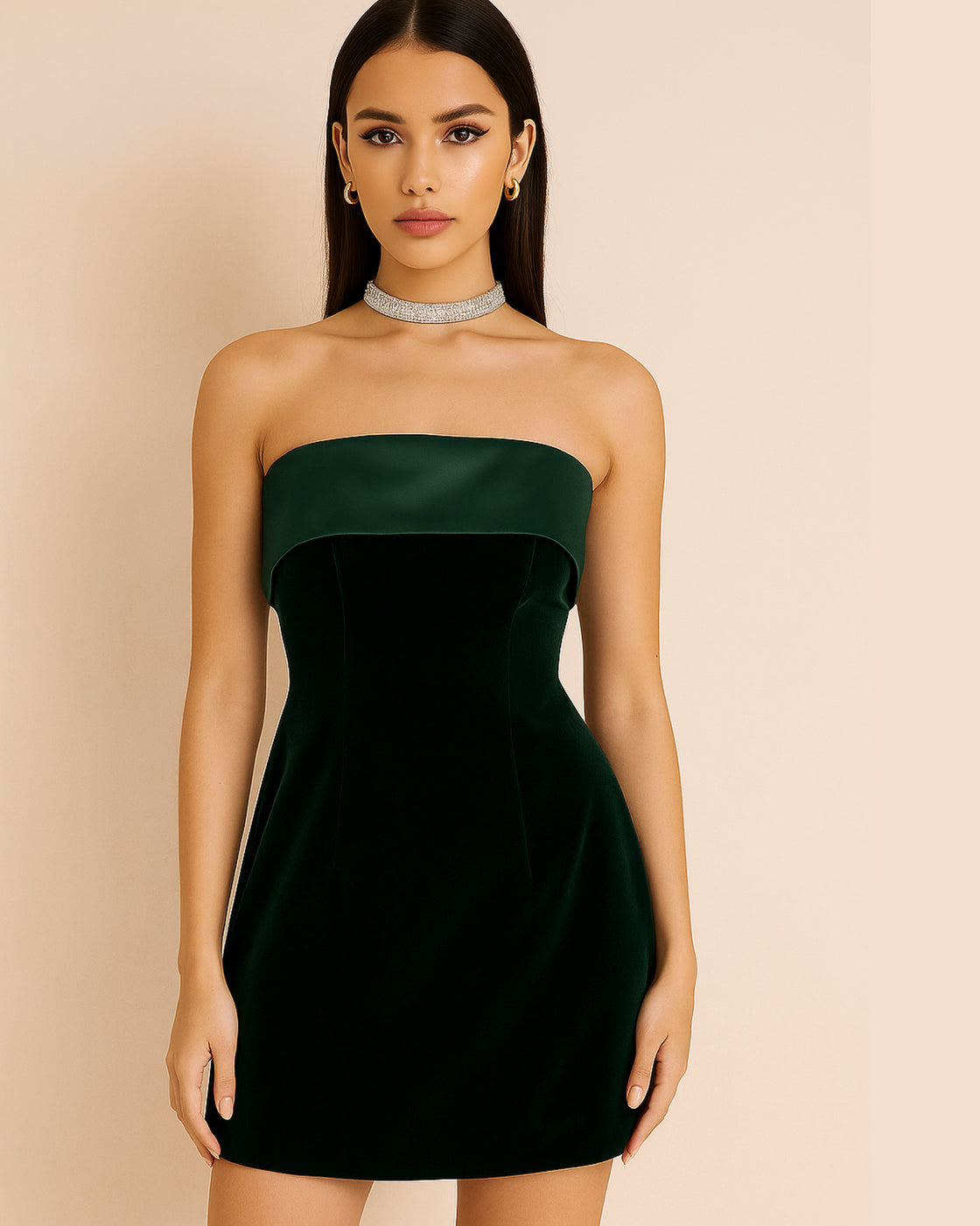 LOVE AFFAIR GREEN VELOUR BANDEAU DRESS
