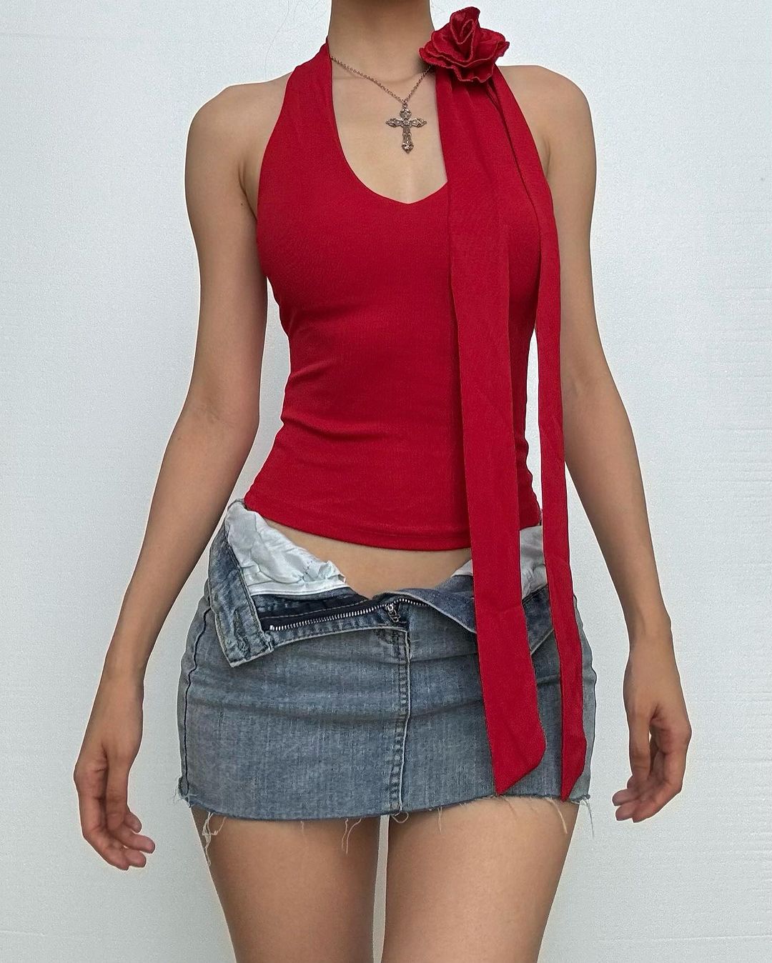 GOOD AT BEING BAD RED APPLIQUE HALTERNECK TOP