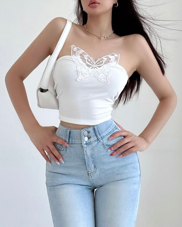 BLESSED LIFE APPLIQUE WHITE BANDEAU TOP