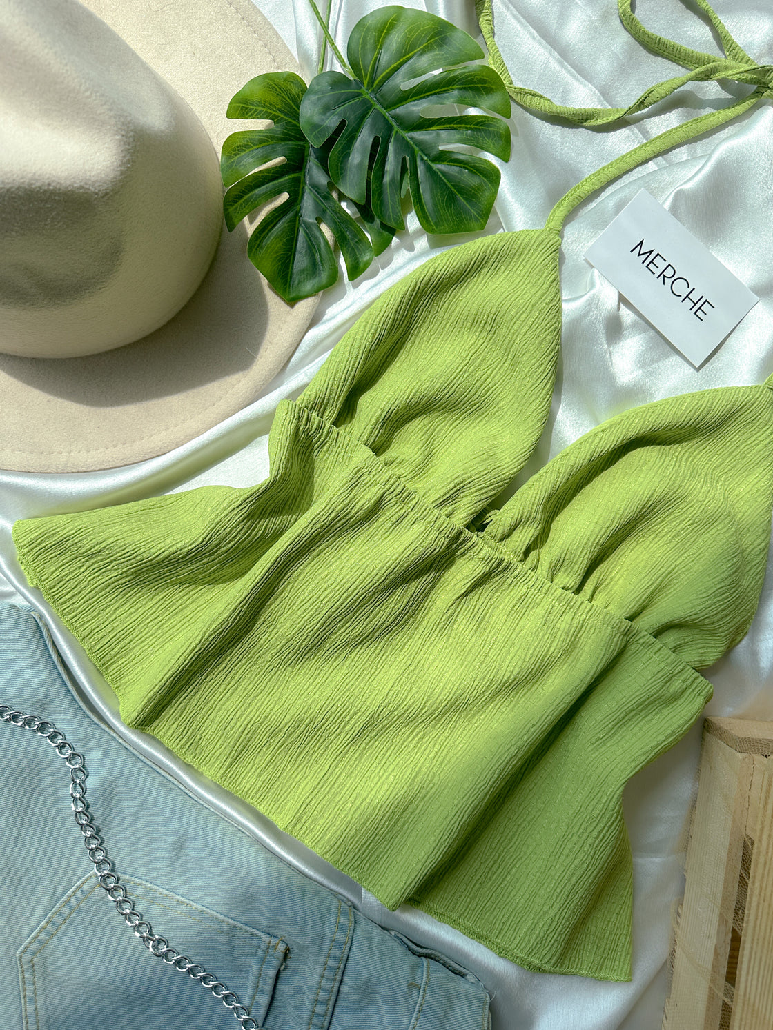 BY THE BEACH GREEN HALTERNECK TOP
