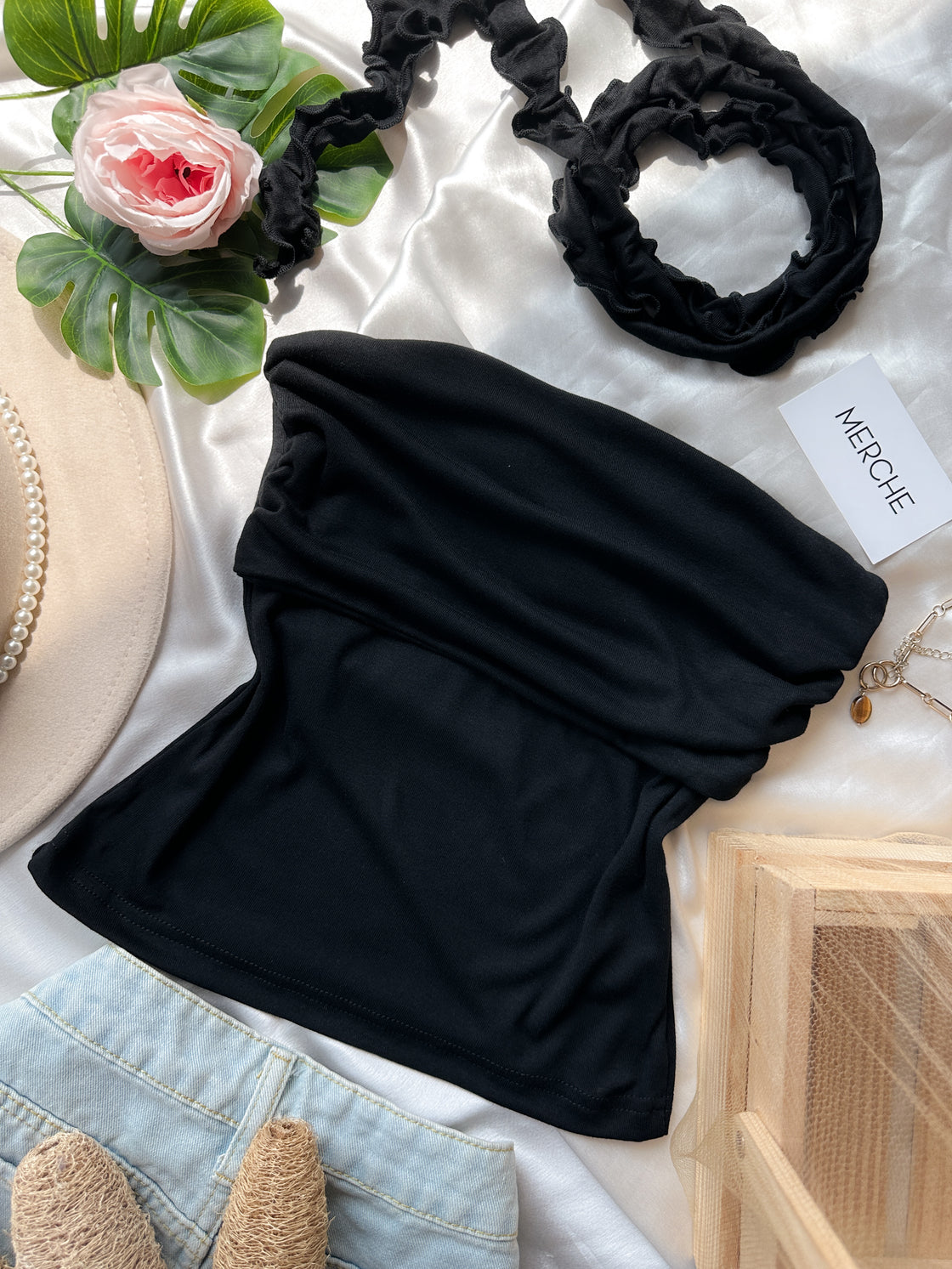 VOGUE CITY BLACK SCARF DETAIL BANDEAU TOP