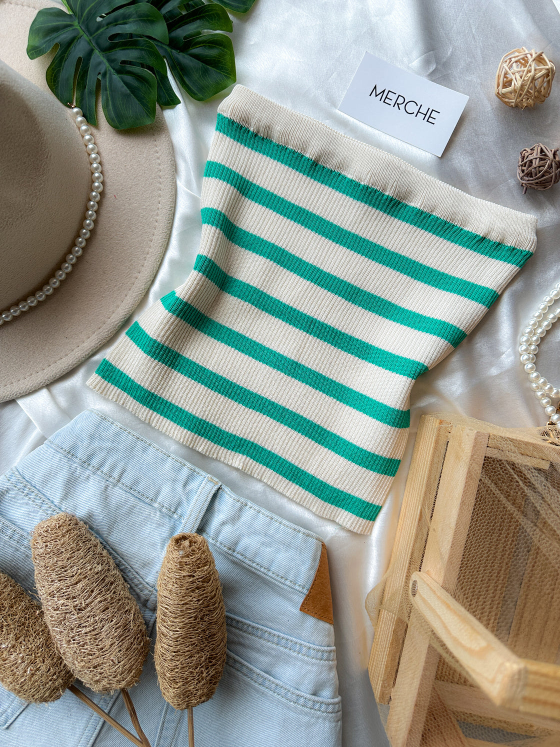 HAVE TO GETAWAY STRIPED KNITTED GREEN BANDEAU TOP