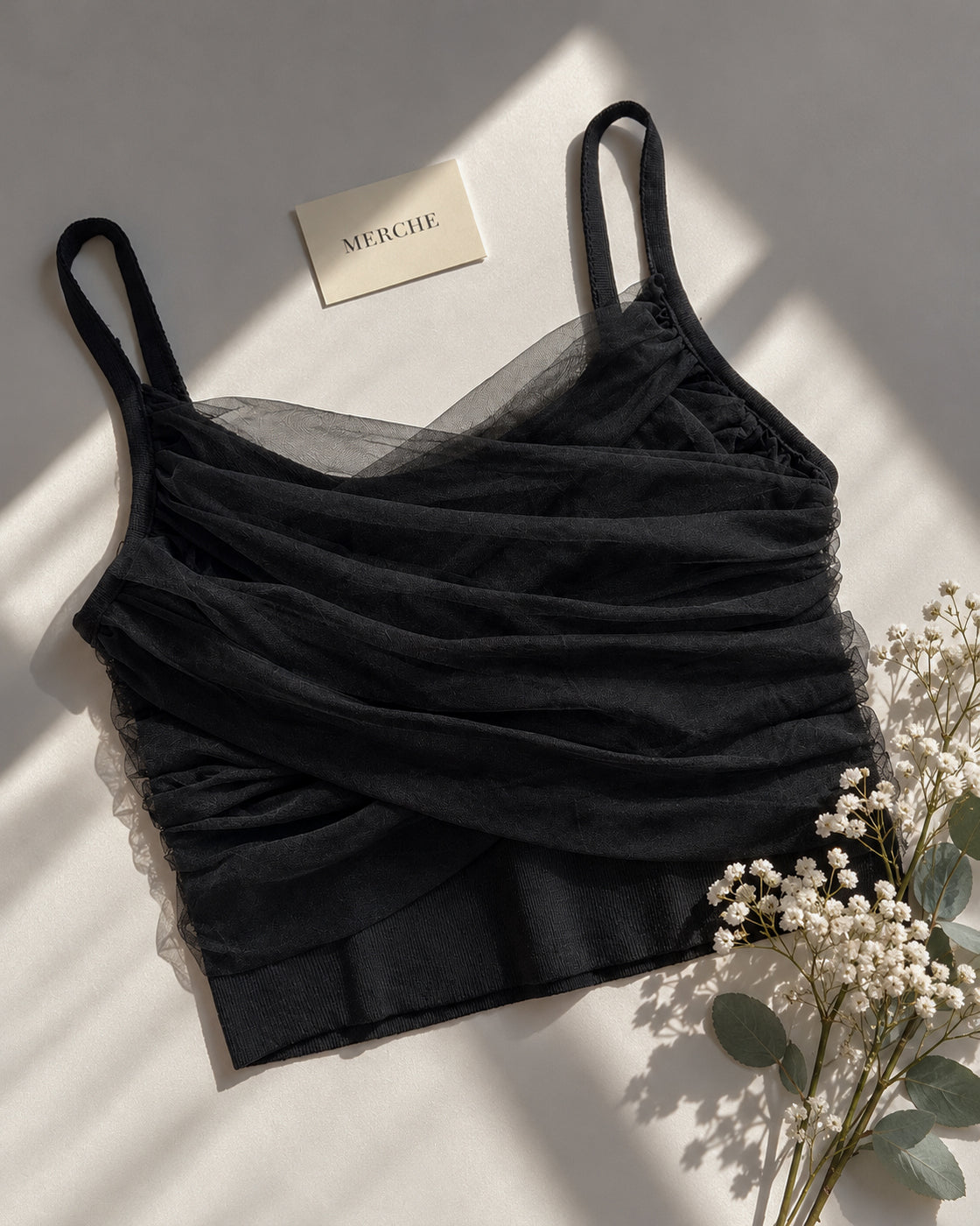 WINGS OF MINE MESH DRAPE BLACK CAMI TOP