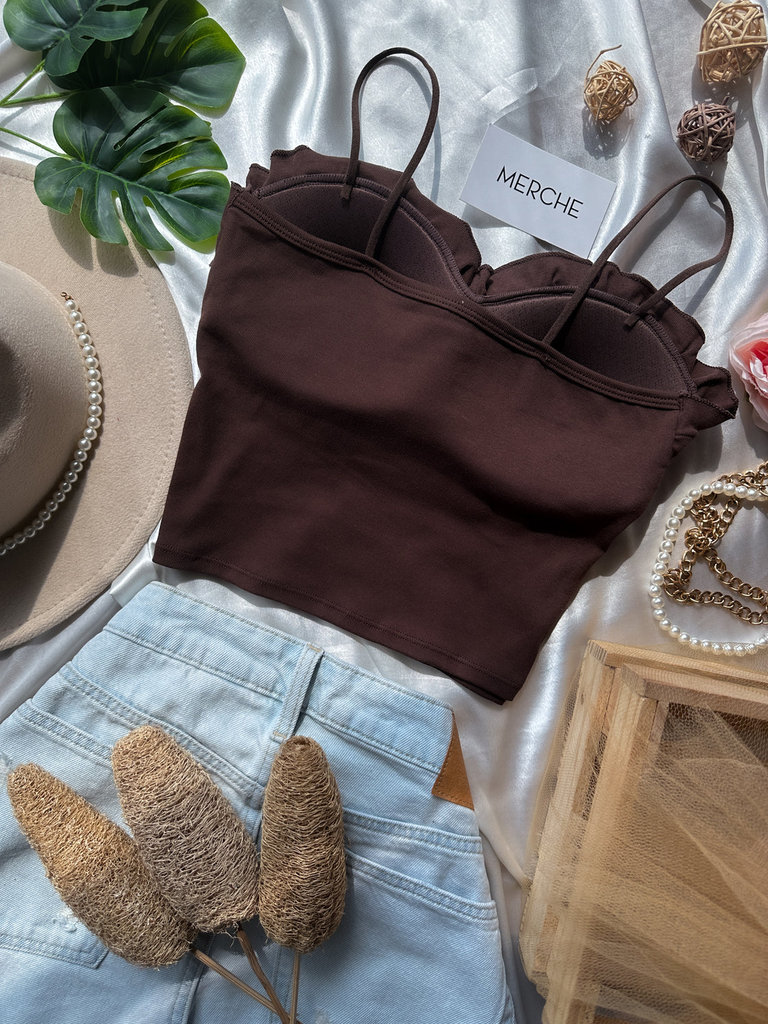 SEEN ME YET PADDED BROWN LUXE CAMI TOP