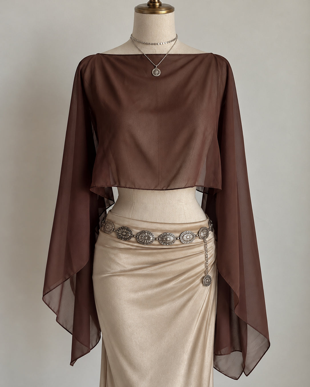 DIRTY LITTLE SECRET SHEER DRAPED BROWN PONCHO CAPE TOP
