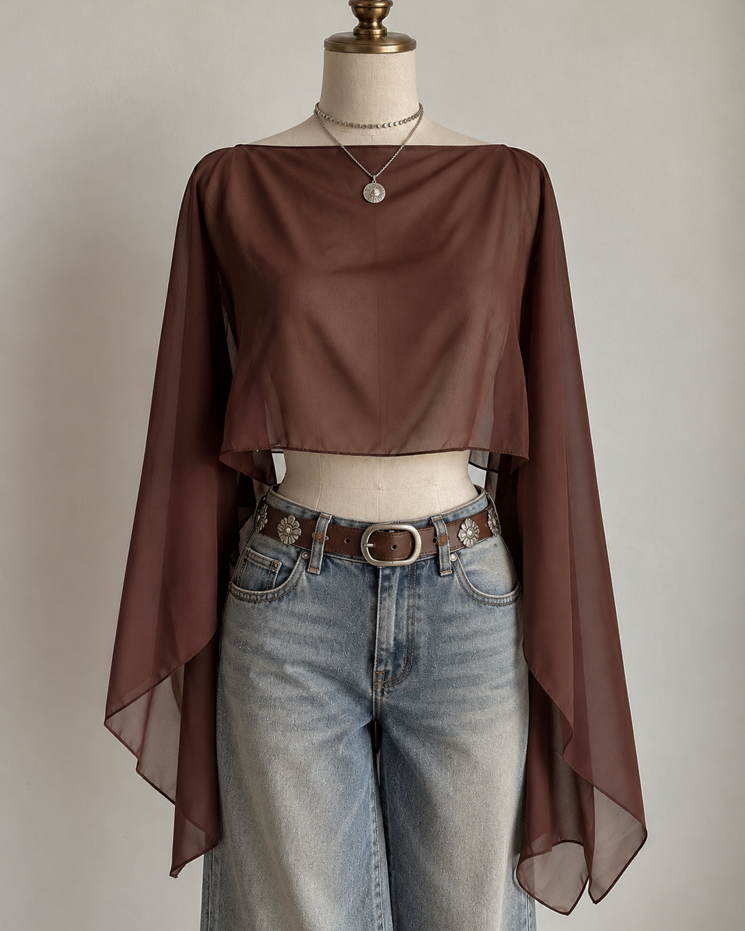 DIRTY LITTLE SECRET SHEER DRAPED BROWN PONCHO CAPE TOP