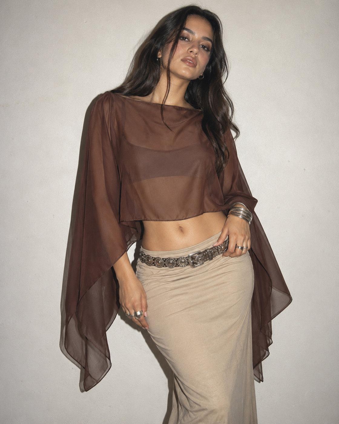 DIRTY LITTLE SECRET SHEER DRAPED BROWN PONCHO CAPE TOP