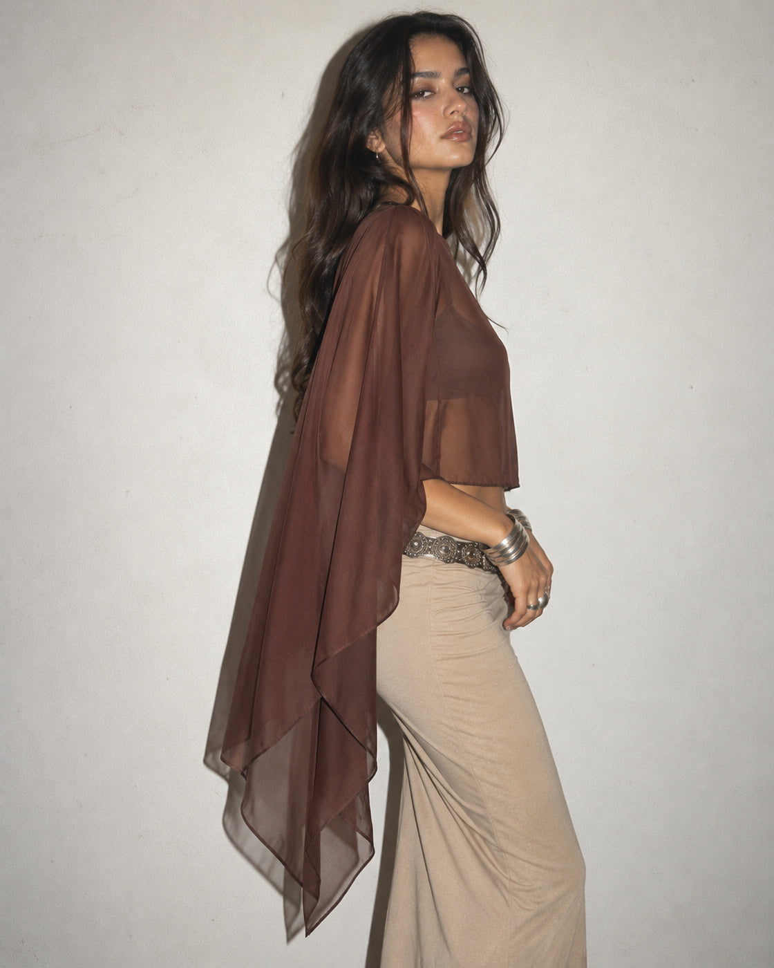 DIRTY LITTLE SECRET SHEER DRAPED BROWN PONCHO CAPE TOP