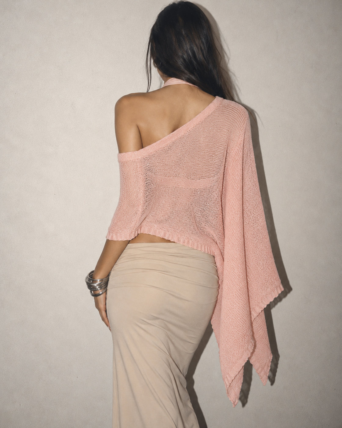 HIPPIE HOTTIE KNITTED LUXE PASTEL PEACH DRAPED PONCHO