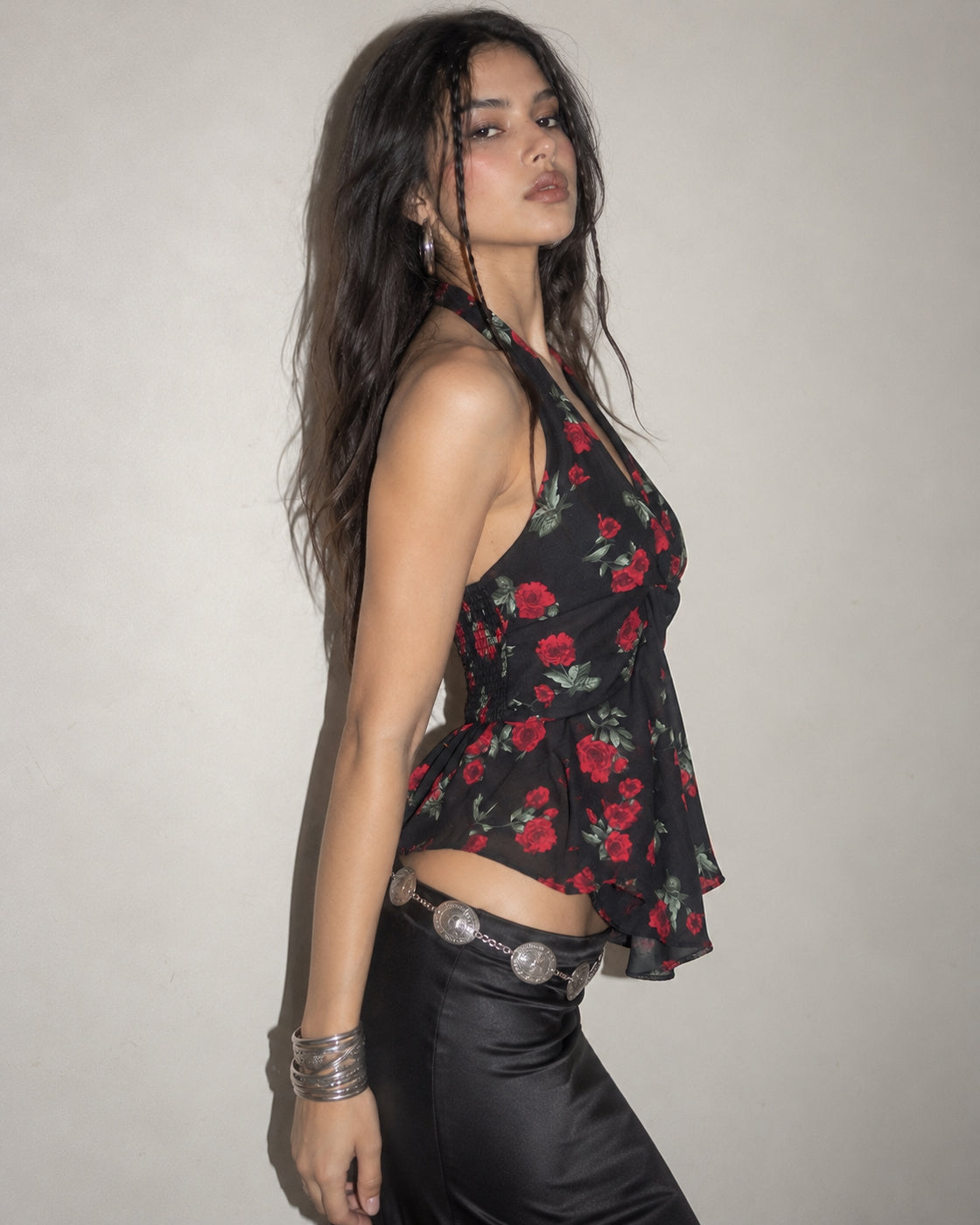 FIX MY HEART BLACK ROSE PRINT TWISTED HALTERNECK TOP