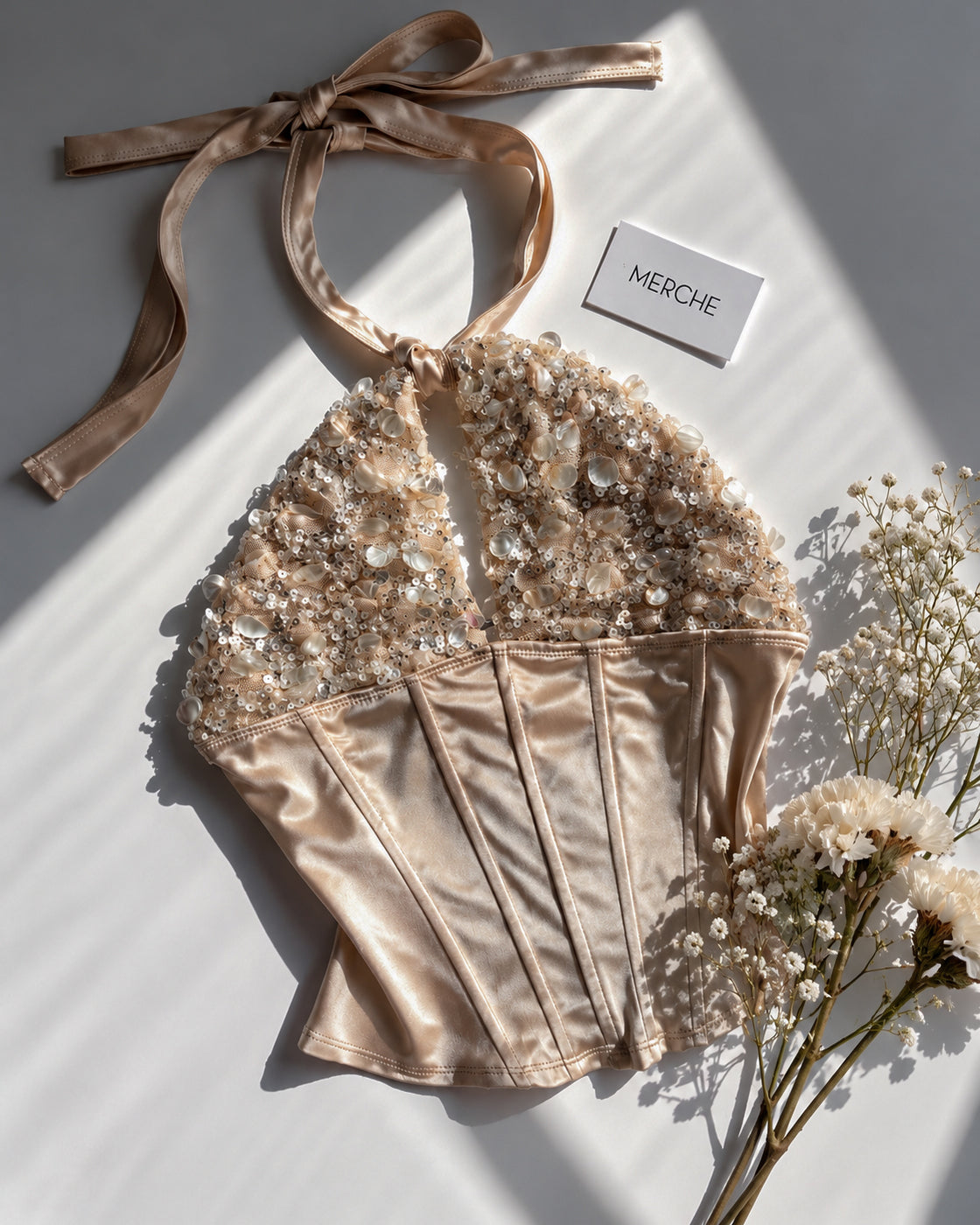 JUST A SINNER APPLIQUE SEQUIN EMBELLISHED CHAMPAGNE HALTERNECK TOP