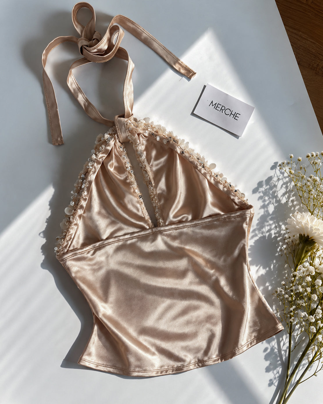 JUST A SINNER APPLIQUE SEQUIN EMBELLISHED CHAMPAGNE HALTERNECK TOP