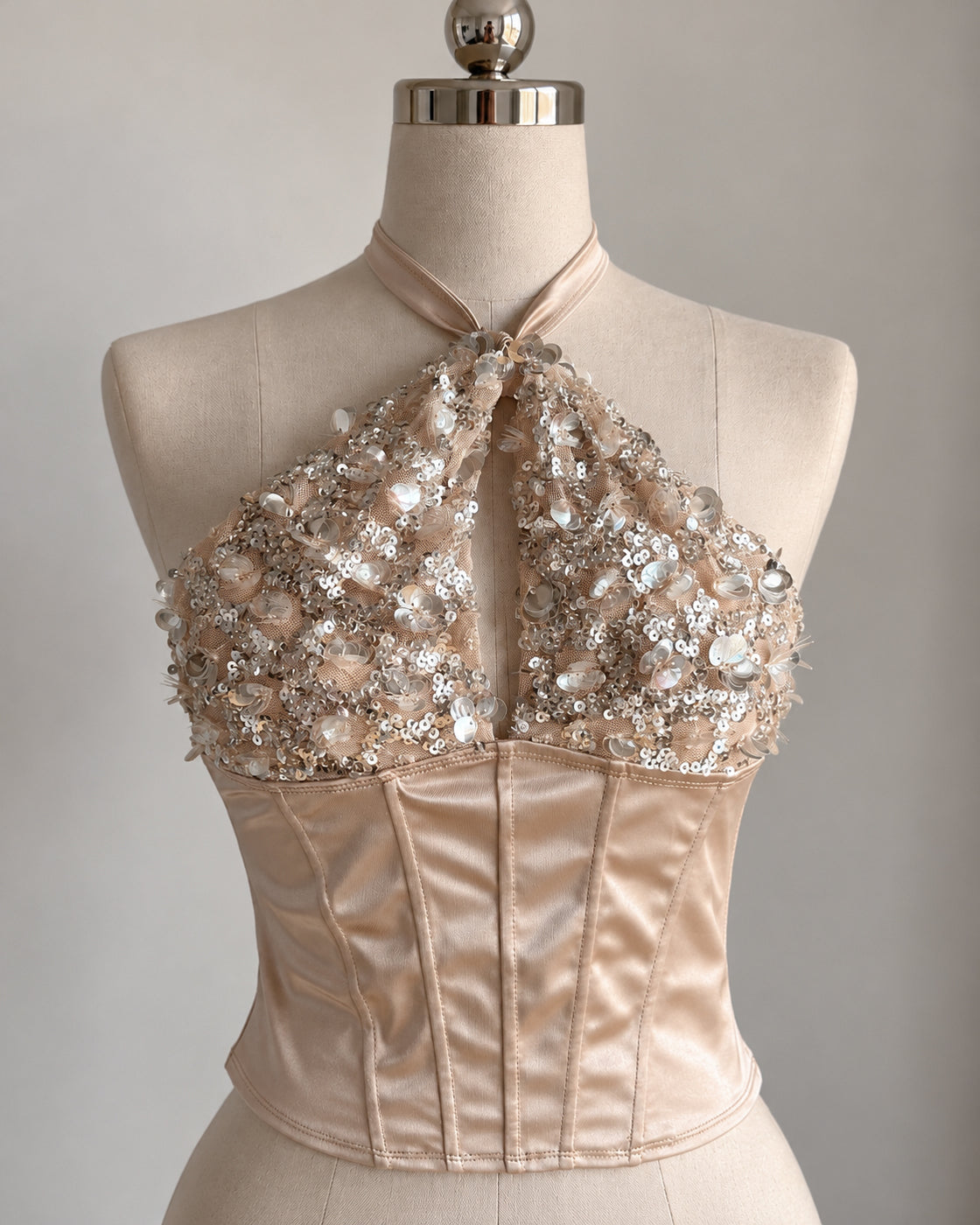 JUST A SINNER APPLIQUE SEQUIN EMBELLISHED CHAMPAGNE HALTERNECK TOP