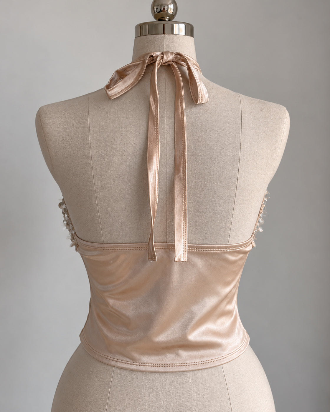 JUST A SINNER APPLIQUE SEQUIN EMBELLISHED CHAMPAGNE HALTERNECK TOP