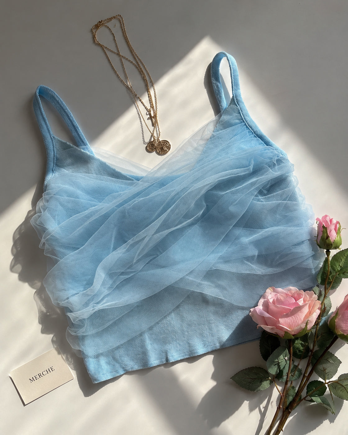 WINGS OF MINE MESH DRAPE BABY BLUE CAMI TOP