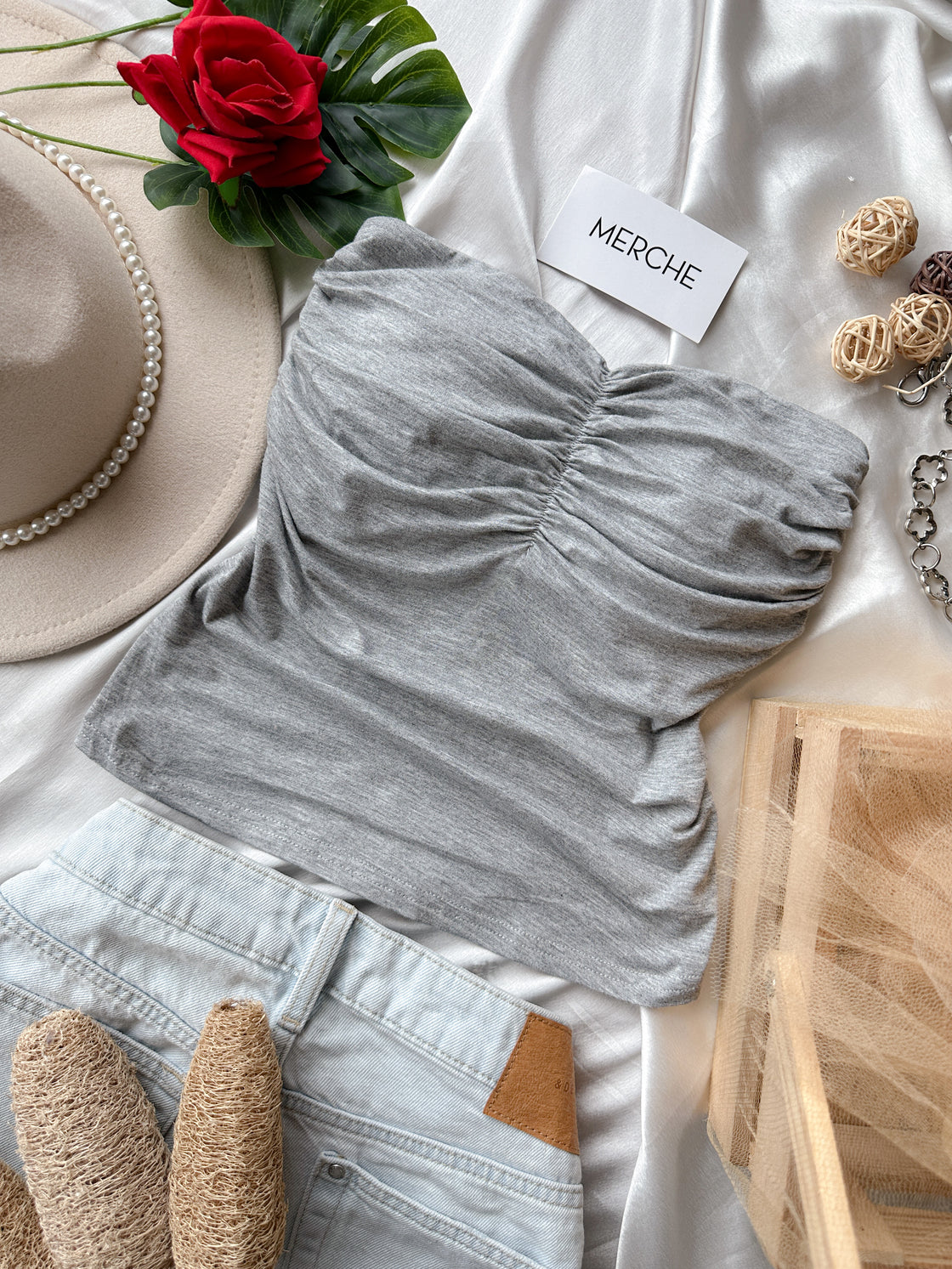 HEAVENLY HOUR PADDED GREY BANDEAU TOP