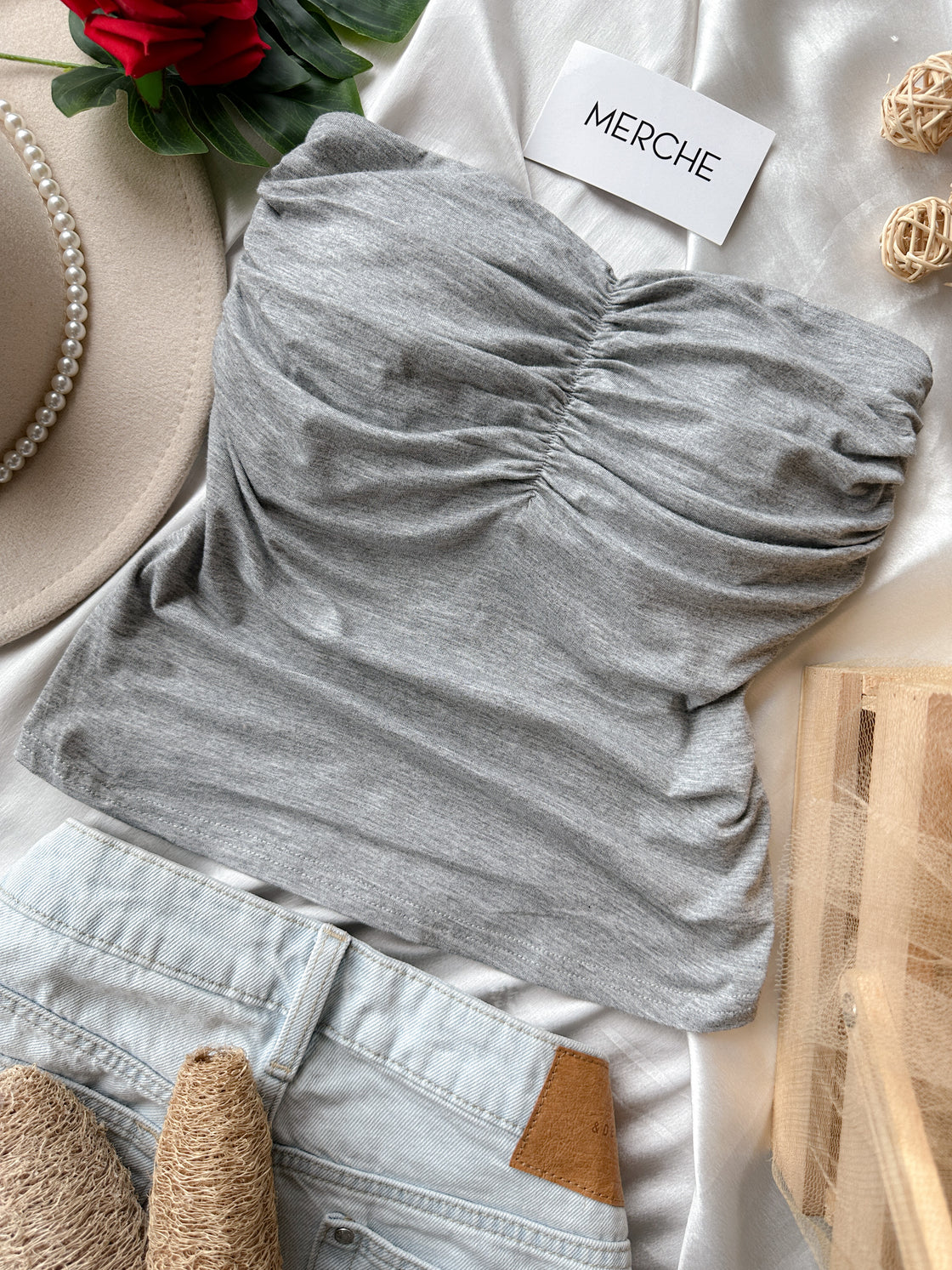 HEAVENLY HOUR PADDED GREY BANDEAU TOP