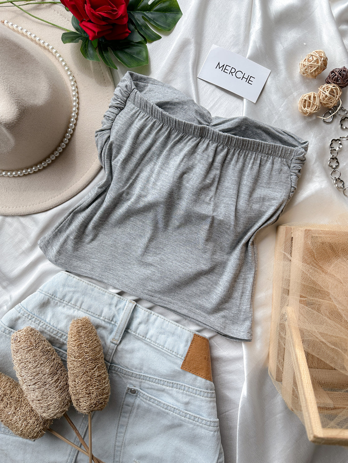 HEAVENLY HOUR PADDED GREY BANDEAU TOP