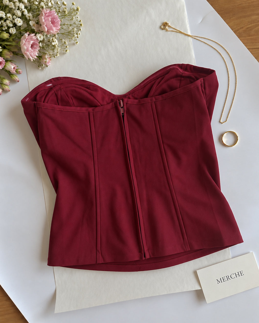 BORDEAUX BOMBSHELL PADDED LUXE BURGUNDY BONING DETAIL CORSET