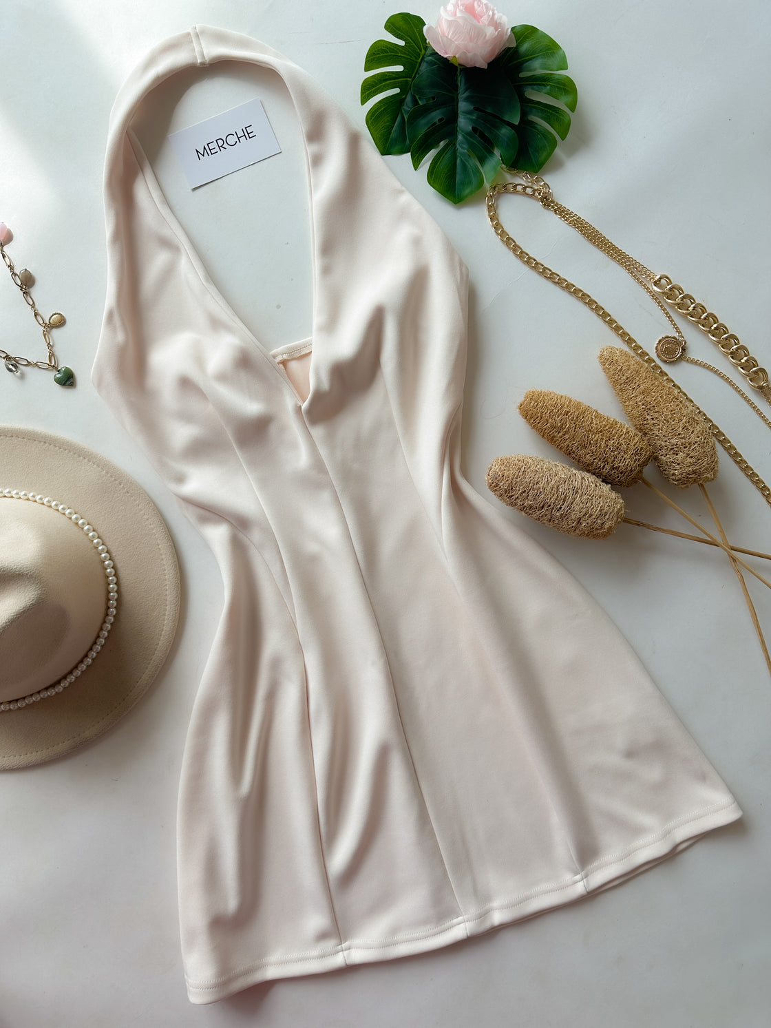 ATTRACTING FAME LUXE BEIGE HALTERNECK DRESS