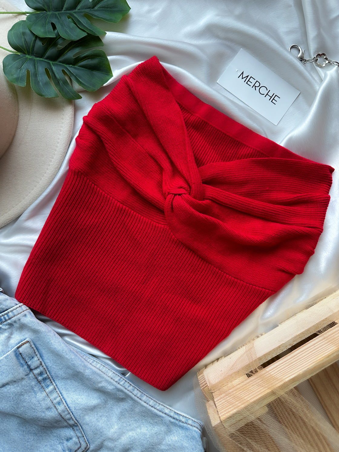 ISLAND INSPIRED RED KNITTED BANDEAU TOP