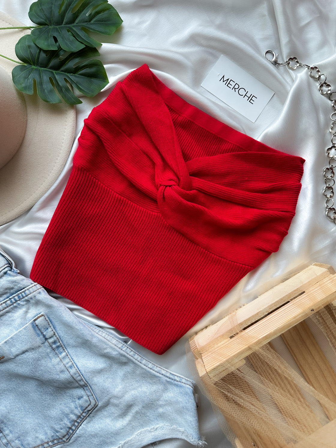 ISLAND INSPIRED RED KNITTED BANDEAU TOP