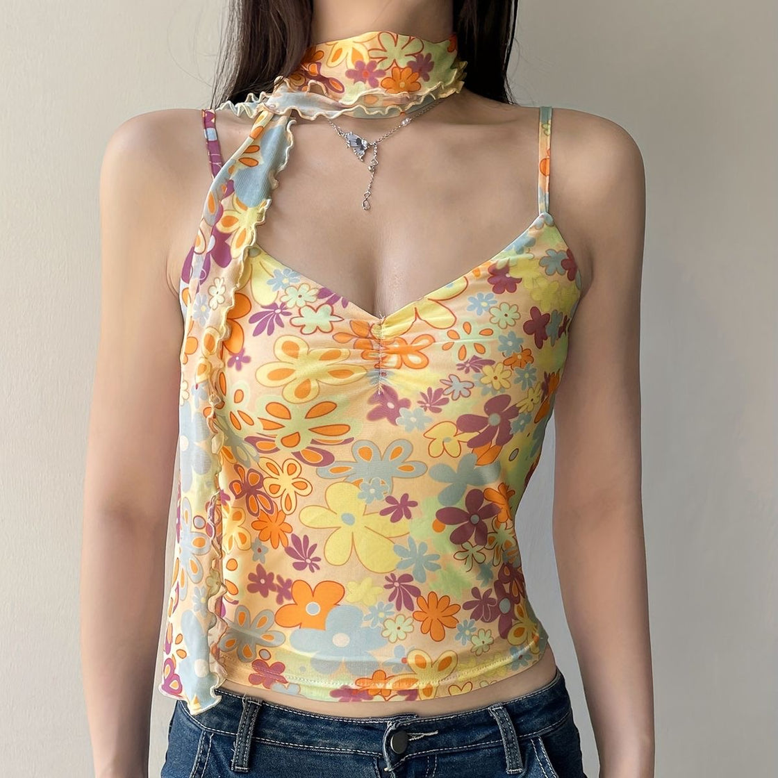 SEASIDE GIRL FLORAL CAMI TOP WITH SCARF