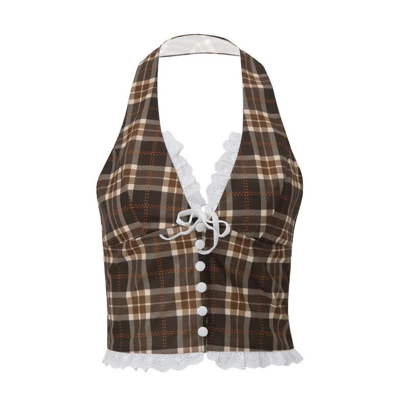 NOT AN ANGEL PLAID HALTERNECK TOP