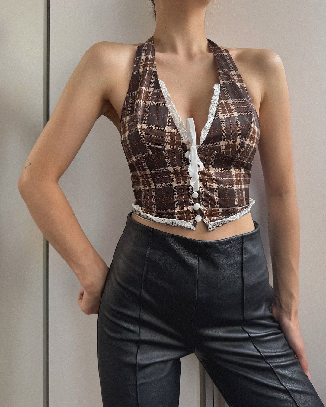 NOT AN ANGEL PLAID HALTERNECK TOP